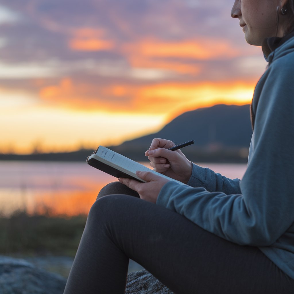 Person practicing building better habits outdoors at sunrise with a journal and a calm expression