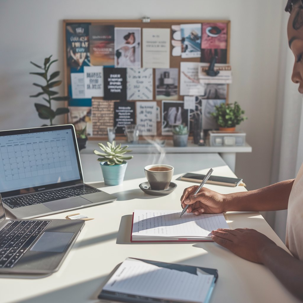 organized workspace bathed in soft morning light. In the center, a focused individual sits at a tidy desk with a planner open, writing down goals and tasks for the day. On one side of the desk, a laptop displays a digital calendar, while a cup of steaming coffee sits beside a small potted plant. In the background, a vision board filled with motivational quotes and images is neatly arranged on the wall. The overall atmosphere is calm, inspiring, and productive—perfectly capturing the essence of daily habits for success