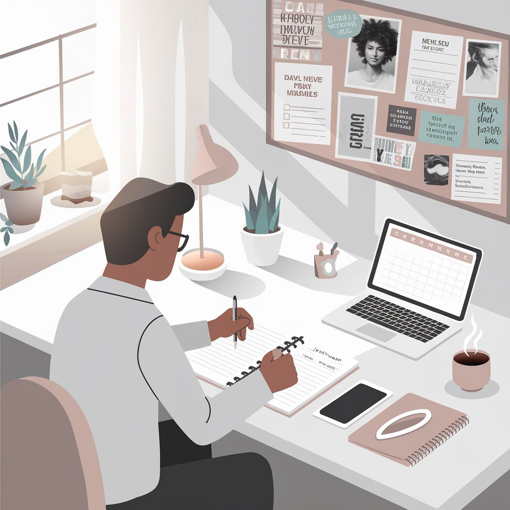 organized workspace bathed in soft morning light. In the center, a focused individual sits at a tidy desk with a planner open, writing down goals and tasks for the day. On one side of the desk, a laptop displays a digital calendar, while a cup of steaming coffee sits beside a small potted plant. In the background, a vision board filled with motivational quotes and images is neatly arranged on the wall. The overall atmosphere is calm, inspiring, and productive—perfectly capturing the essence of daily habits for success