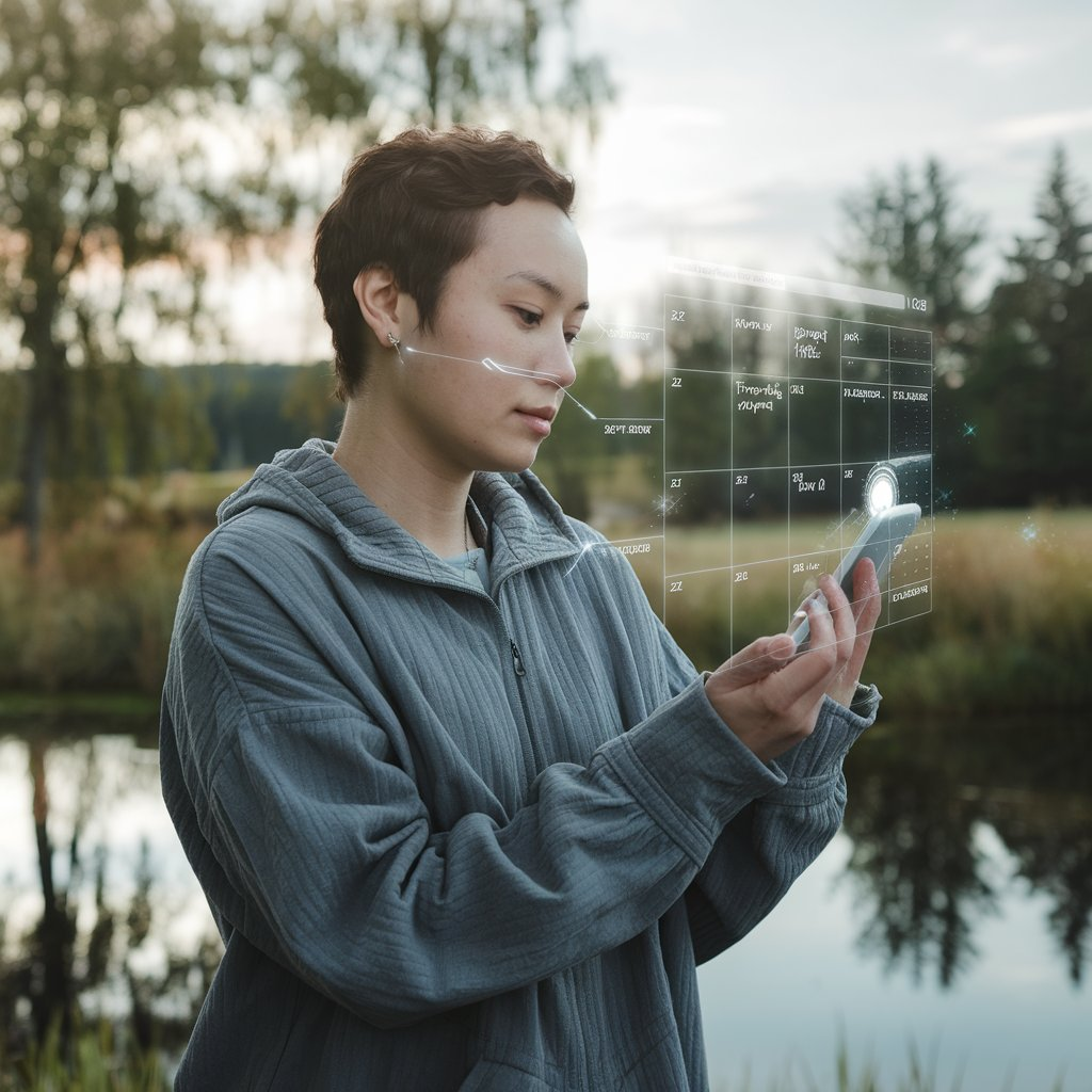 Person practicing time management for personal growth outdoors with a calm expression, using a digital planner.