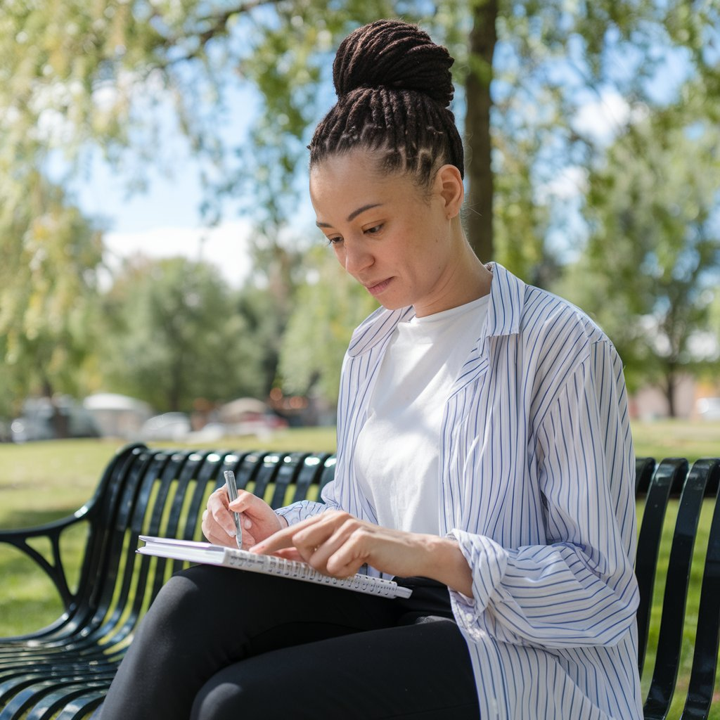 Person practicing time management for personal growth outdoors with a calm expression, using a digital planner.