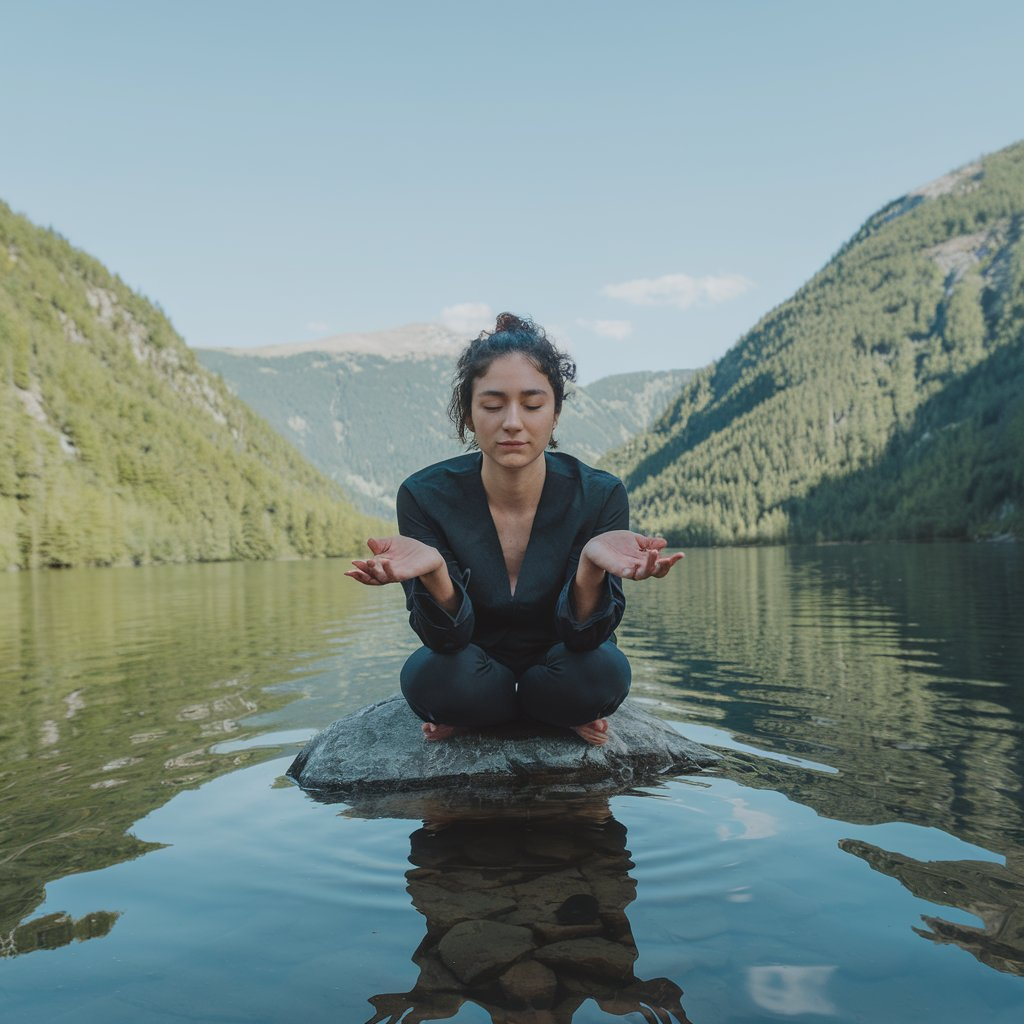 Person practicing Positive Mindset Development outdoors with a calm expression, embracing mindfulness and optimism