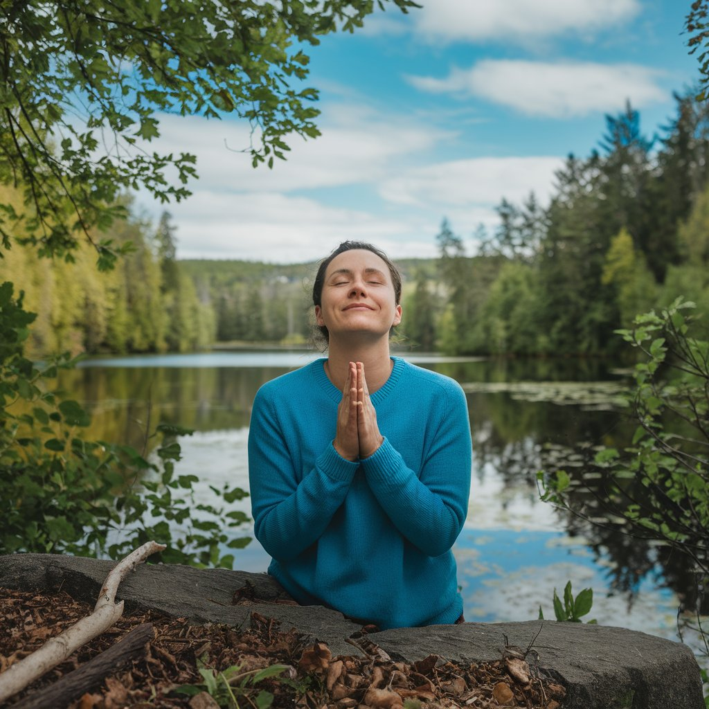 Person practicing Positive Mindset Development outdoors with a calm expression, embracing mindfulness and optimism