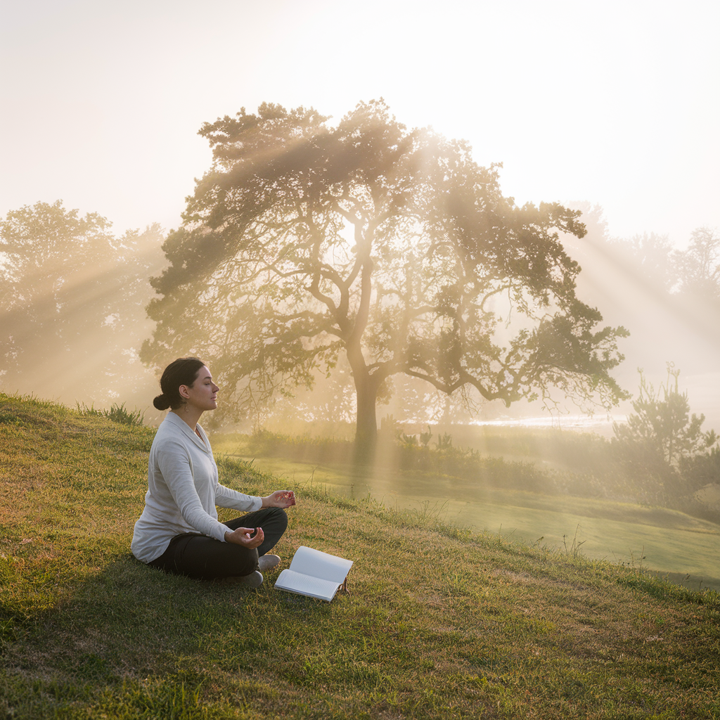 person meditating in a serene natural setting at sunrise. The individual is seated on a soft grassy hill with an open journal beside them, symbolizing mindfulness and self-reflection. Gentle rays of morning light illuminate the scene, highlighting a flourishing tree in the background that represents growth and positive transformation. Use soft pastel colors and a calm atmosphere to evoke feelings of hope, balance, and mental clarity
Positive Mindset Development