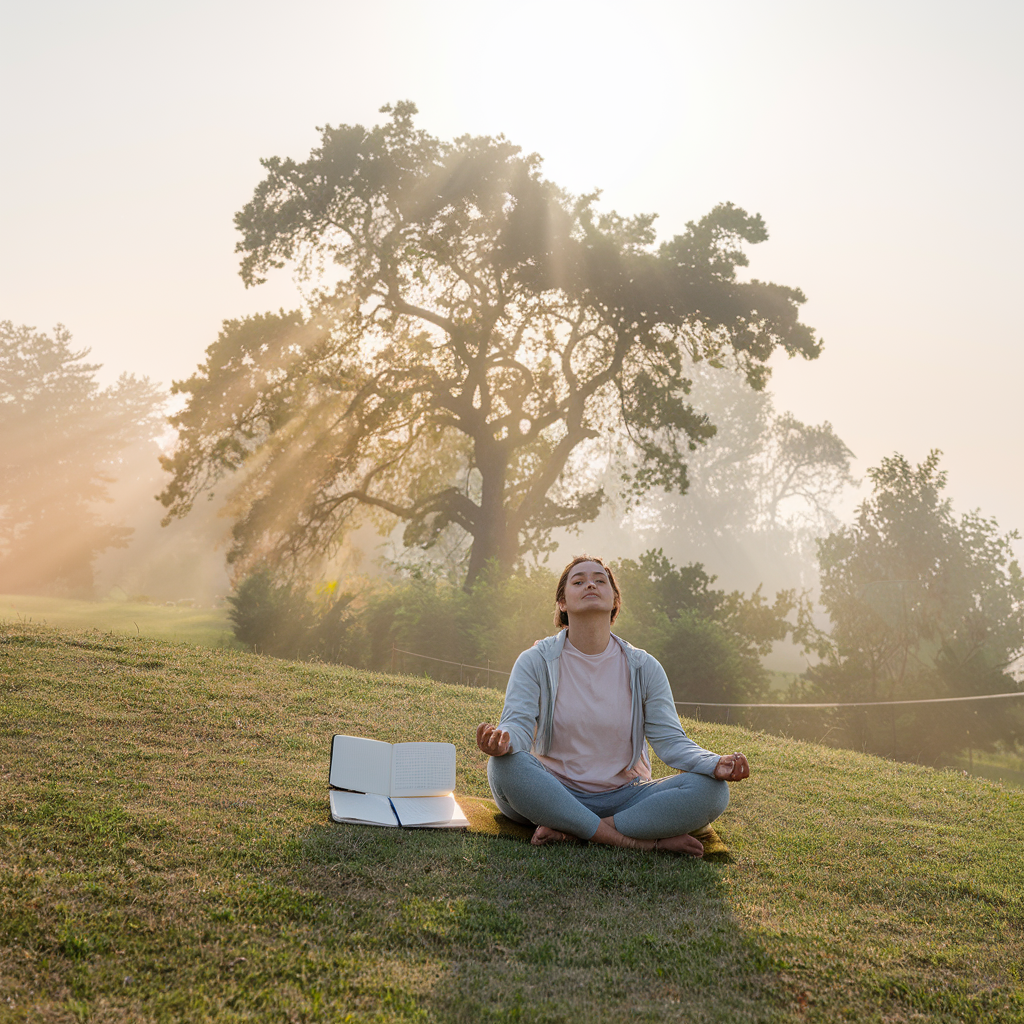 person meditating in a serene natural setting at sunrise. The individual is seated on a soft grassy hill with an open journal beside them, symbolizing mindfulness and self-reflection. Gentle rays of morning light illuminate the scene, highlighting a flourishing tree in the background that represents growth and positive transformation. Use soft pastel colors and a calm atmosphere to evoke feelings of hope, balance, and mental clarity
Positive Mindset Development