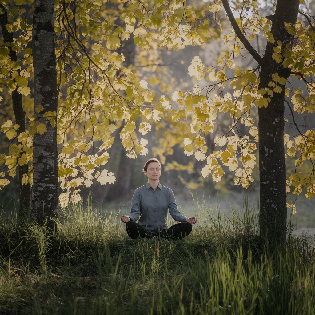 A serene meditation scene featuring a person sitting cross-legged in a peaceful natural environment, such as a tranquil forest or beside a calm lake, with a soft glow of sunlight. The person is in deep meditation, with a relaxed expression, and subtle energy waves emanating from their body, symbolizing the power of meditation mantras.