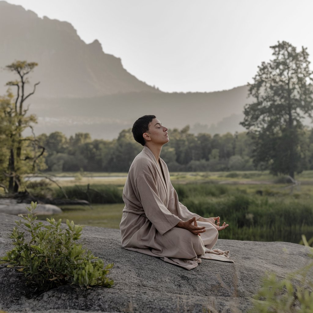 A serene meditation scene featuring a person sitting cross-legged in a peaceful natural environment, such as a tranquil forest or beside a calm lake, with a soft glow of sunlight. The person is in deep meditation, with a relaxed expression, and subtle energy waves emanating from their body, symbolizing the power of meditation mantras.