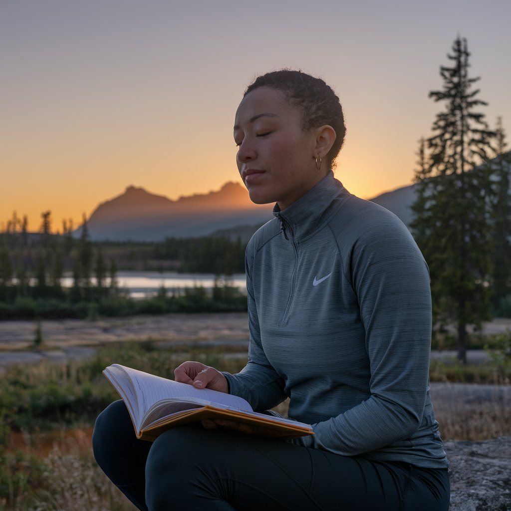 Person practicing building better habits outdoors at sunrise with a journal and a calm expression