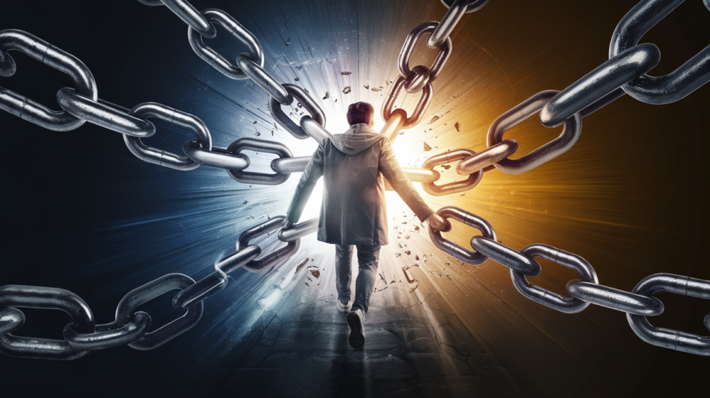 A person breaking free from heavy chains that symbolize bad habits, stepping into a bright and vibrant environment. The background gradually transitions from dark to light, representing personal growth and transformation. The image conveys motivation, self-improvement, and determination.
Overcoming Bad Habits