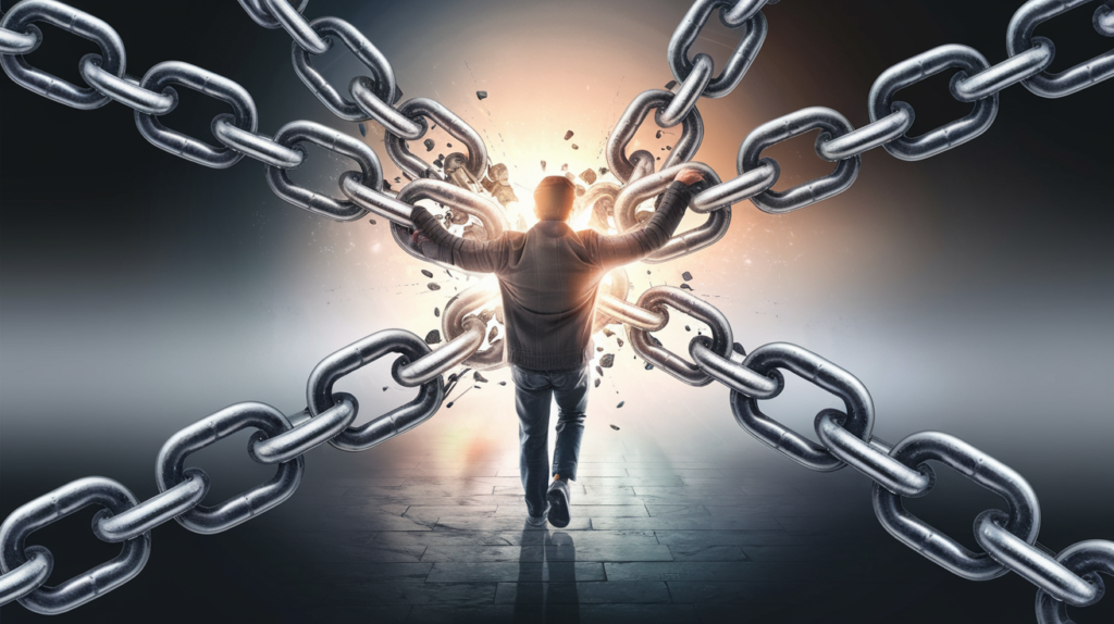 A person breaking free from heavy chains that symbolize bad habits, stepping into a bright and vibrant environment. The background gradually transitions from dark to light, representing personal growth and transformation. The image conveys motivation, self-improvement, and determination.
Overcoming Bad Habits