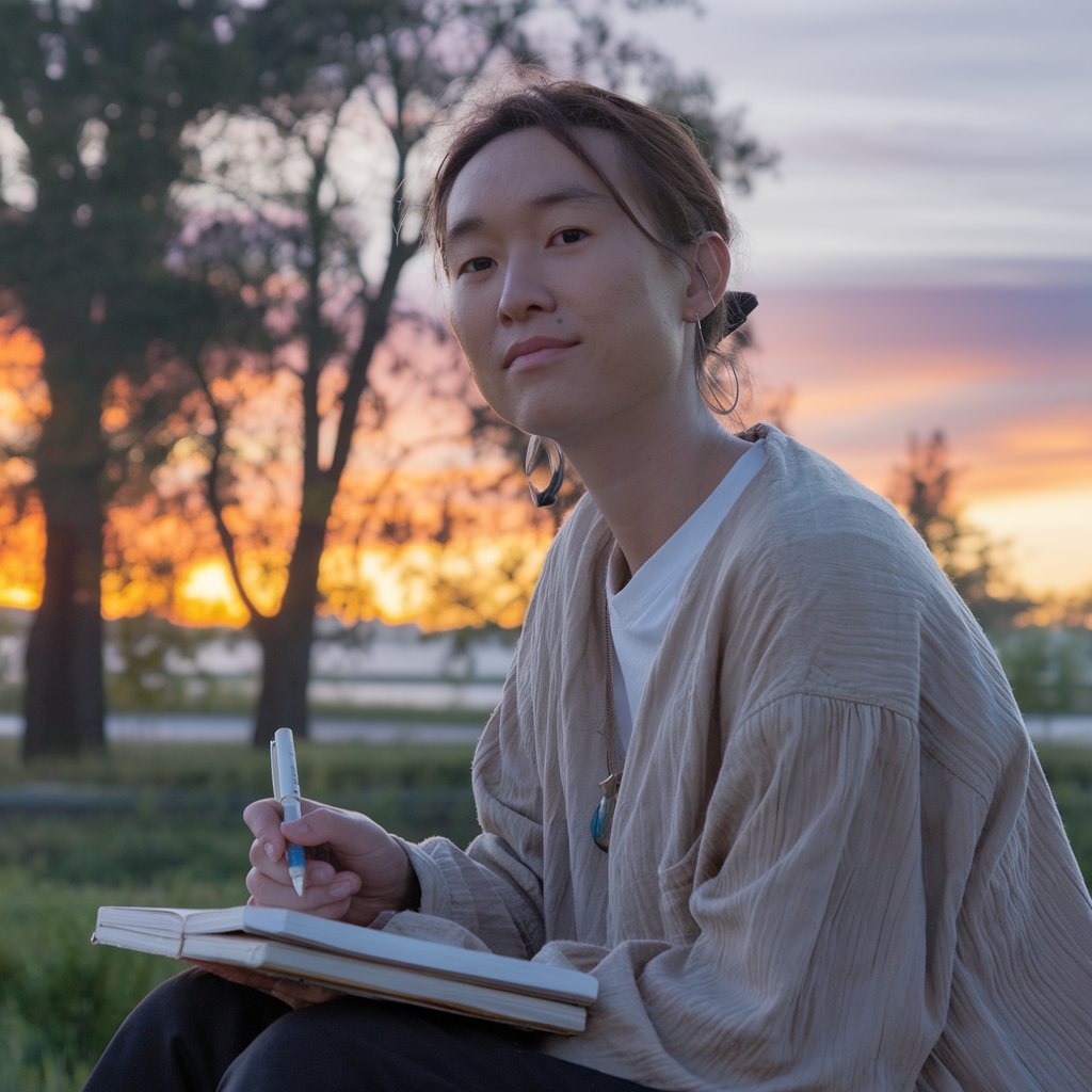 Person practicing building better habits outdoors at sunrise with a journal and a calm expression