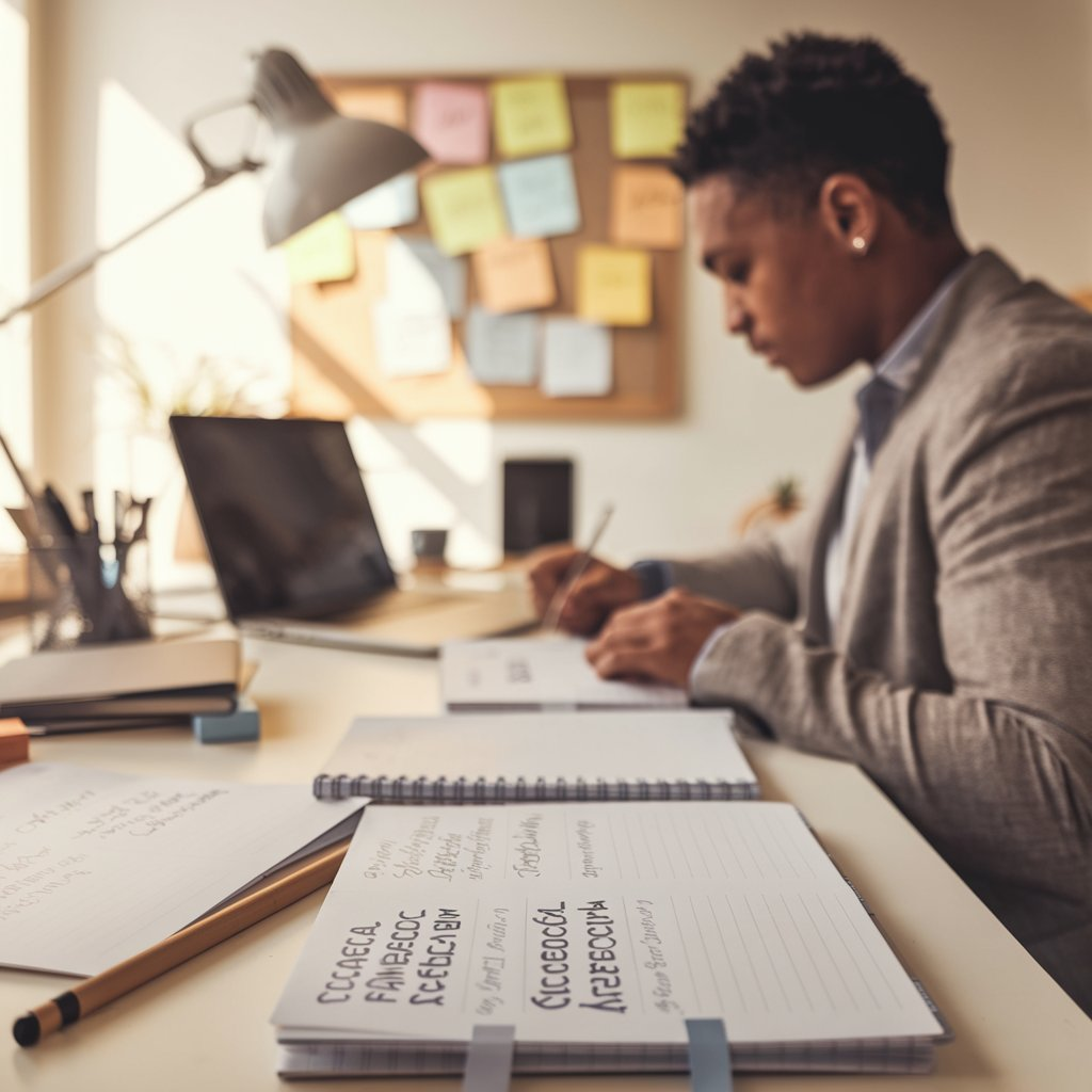 Goal Setting Techniques . The scene should show a focused, determined individual seated at a clean, organized desk with a planner, laptop, and motivational quotes visible. The person should appear engaged in writing or reviewing their goals, with a subtle vision board or sticky notes in the background. The lighting should be warm and inspiring, with a clear sense of structure and progress. Emphasize a calm and productive atmosphere that conveys focus, determination, and clear planning.