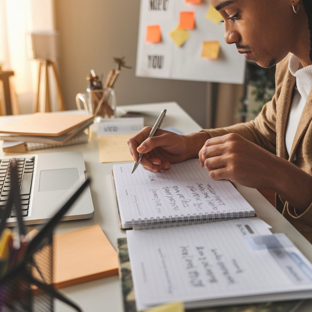 Goal Setting Techniques. The scene should show a focused, determined individual seated at a clean, organized desk with a planner, laptop, and motivational quotes visible. The person should appear engaged in writing or reviewing their goals, with a subtle vision board or sticky notes in the background. The lighting should be warm and inspiring, with a clear sense of structure and progress. Emphasize a calm and productive atmosphere that conveys focus, determination, and clear planning.