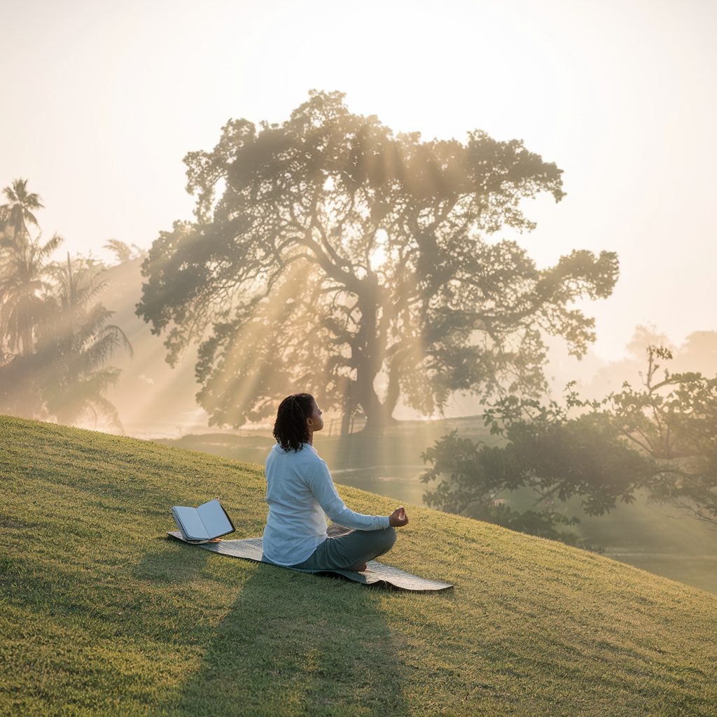 person meditating in a serene natural setting at sunrise. The individual is seated on a soft grassy hill with an open journal beside them, symbolizing mindfulness and self-reflection. Gentle rays of morning light illuminate the scene, highlighting a flourishing tree in the background that represents growth and positive transformation. Use soft pastel colors and a calm atmosphere to evoke feelings of hope, balance, and mental clarity