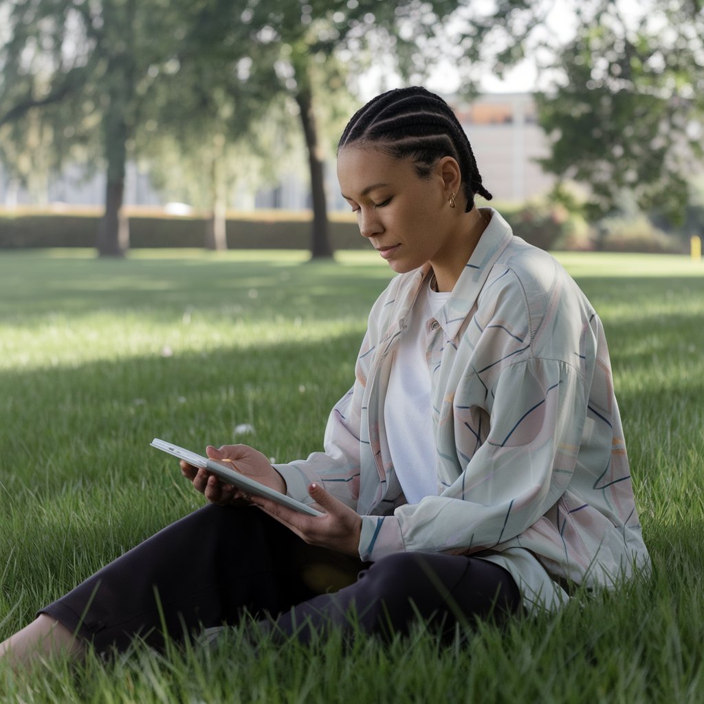 Person practicing time management for personal growth outdoors with a calm expression, using a digital planner