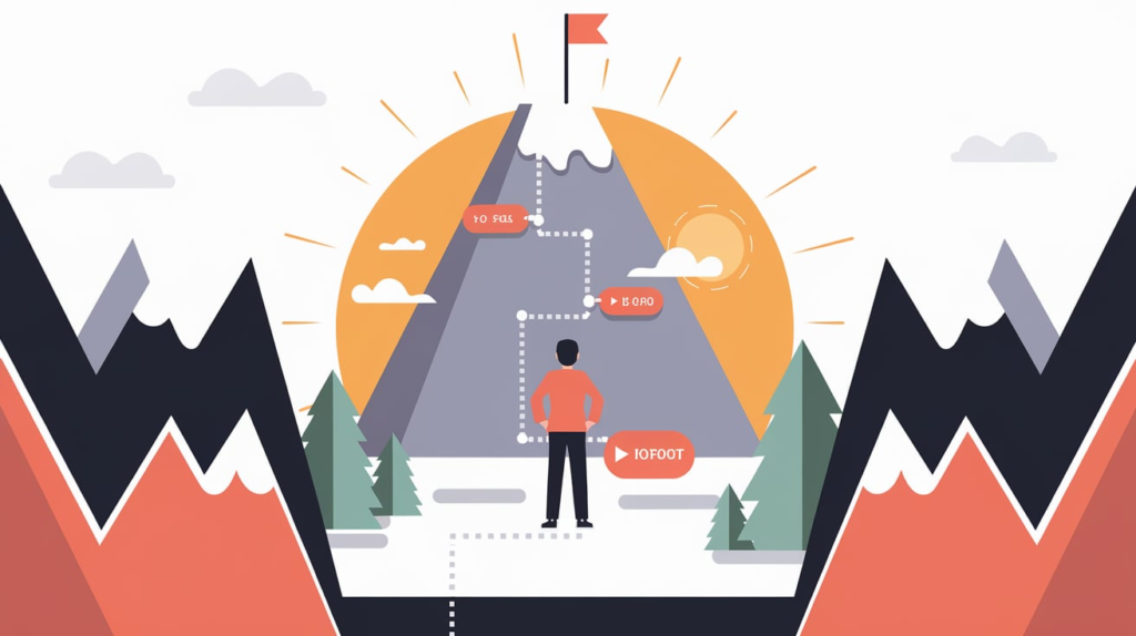 A visually inspiring digital illustration representing goal setting and achievement. The image features a person standing at the base of a tall mountain with a flag at the summit, symbolizing a goal. A clear path with milestone markers leads up the mountain, representing progress and strategic steps. The background shows a sunrise, symbolizing new beginnings and motivation. The scene conveys determination, success, and personal growth, using vibrant colors and a modern, clean aesthetic.