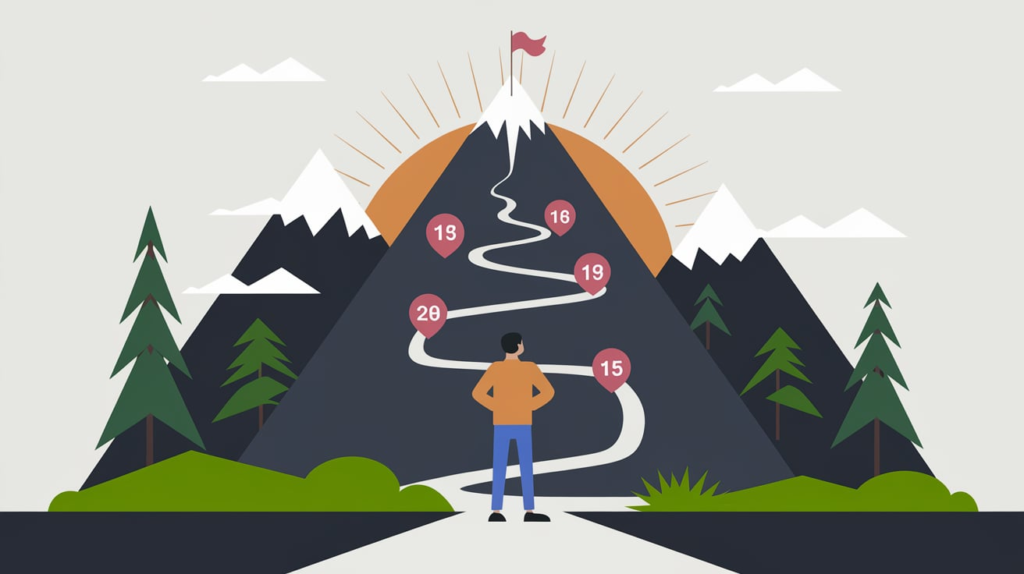 A visually inspiring digital illustration representing goal setting and achievement. The image features a person standing at the base of a tall mountain with a flag at the summit, symbolizing a goal. A clear path with milestone markers leads up the mountain, representing progress and strategic steps. The background shows a sunrise, symbolizing new beginnings and motivation. The scene conveys determination, success, and personal growth, using vibrant colors and a modern, clean aesthetic.