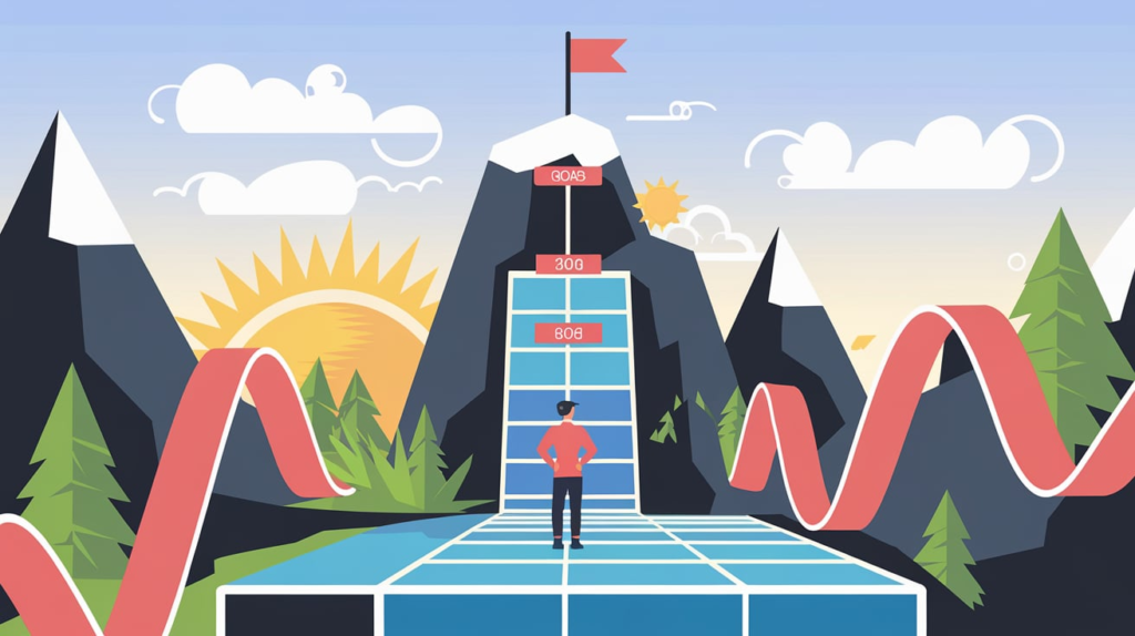 A visually inspiring digital illustration representing goal setting and achievement. The image features a person standing at the base of a tall mountain with a flag at the summit, symbolizing a goal. A clear path with milestone markers leads up the mountain, representing progress and strategic steps. The background shows a sunrise, symbolizing new beginnings and motivation. The scene conveys determination, success, and personal growth, using vibrant colors and a modern, clean aesthetic.